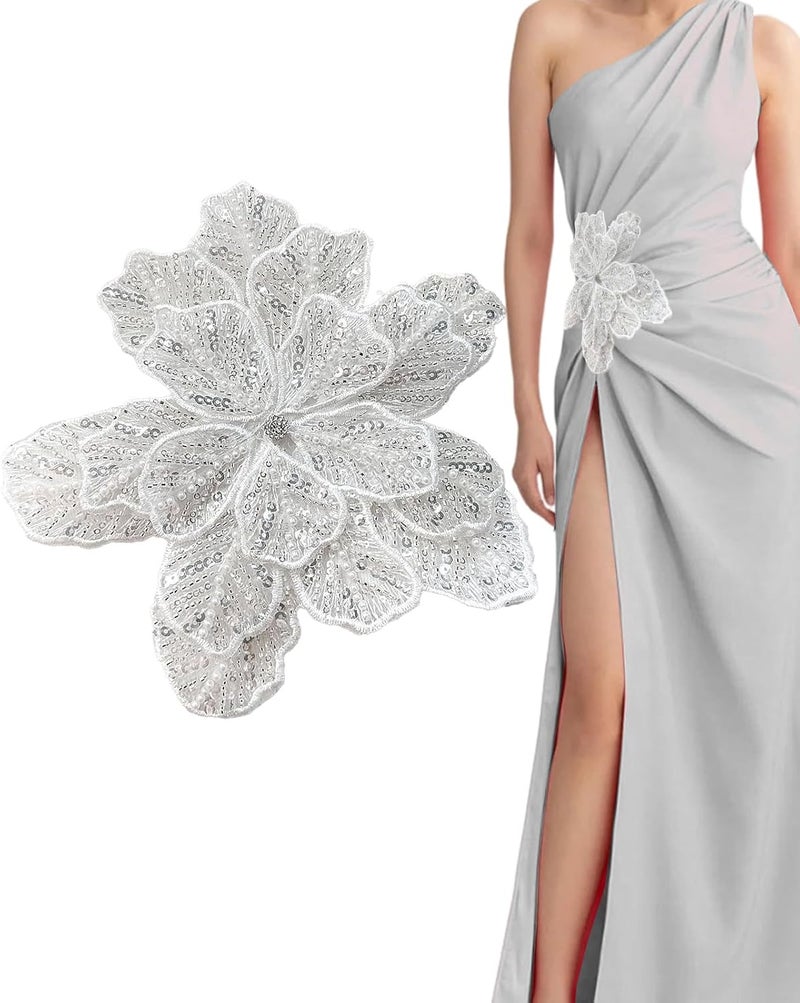 SAIXCCS 1pc Handmade Large Flower Rhinestone Applique for Clothes, Sparkly Sequin Beaded Patches for Wedding Dress, Embroidery Lace Sewing Patches for Bodice Hat Jean Jacket (White) - Image 1